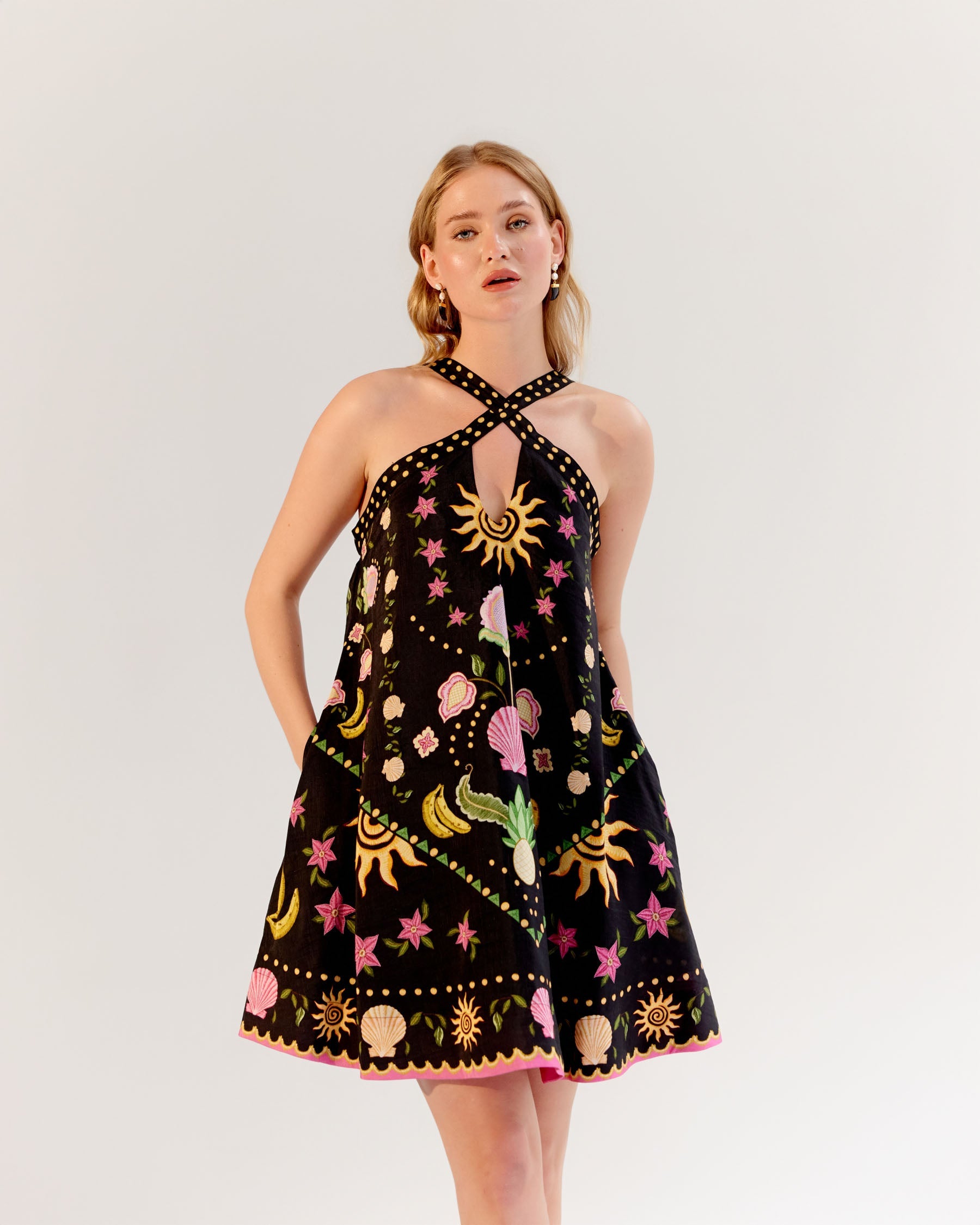 Seashell Print Aida Halter Neck Mini Dress - NOIB