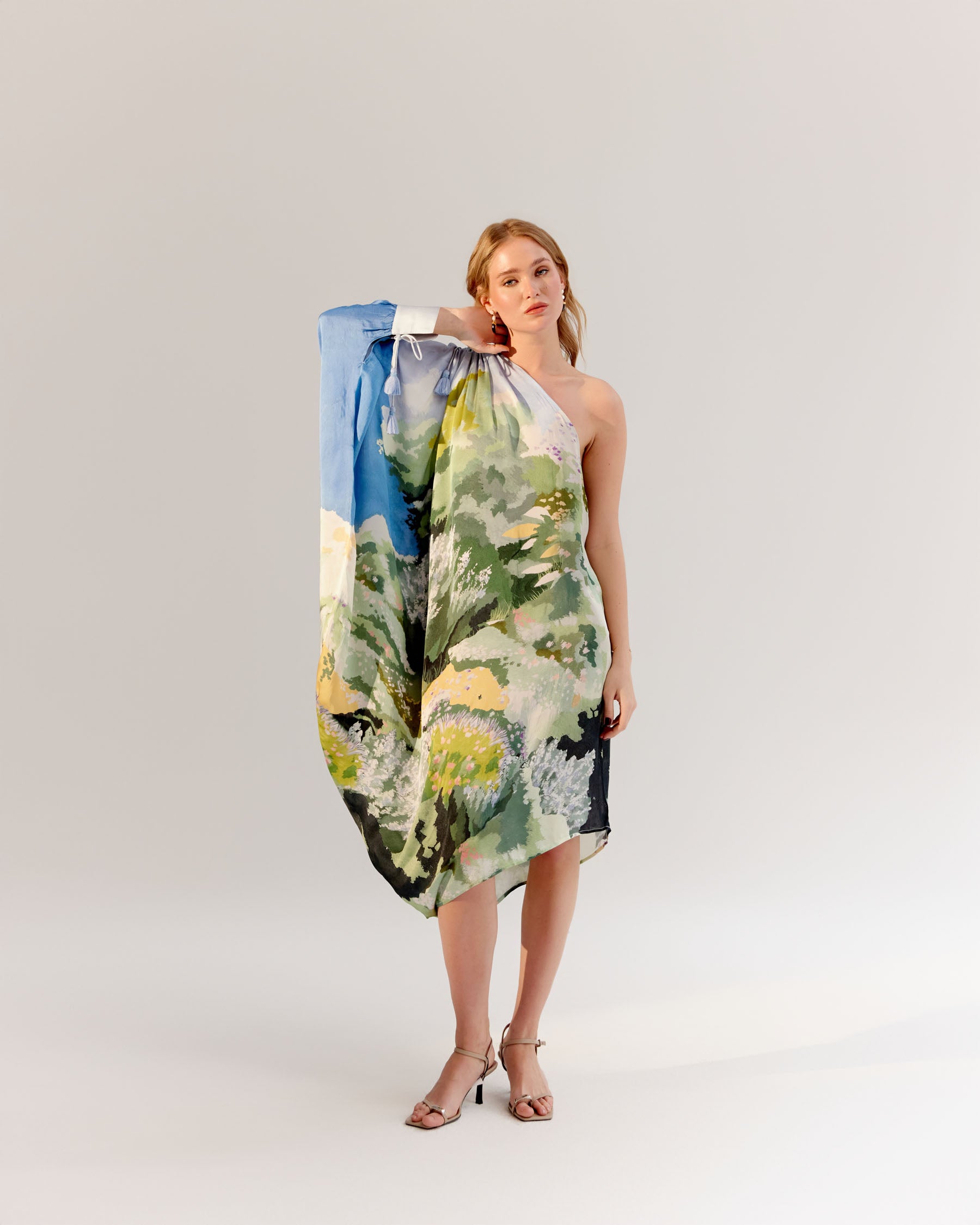 Forest Print Alaya One-Shoulder Midi Dress - NOIB