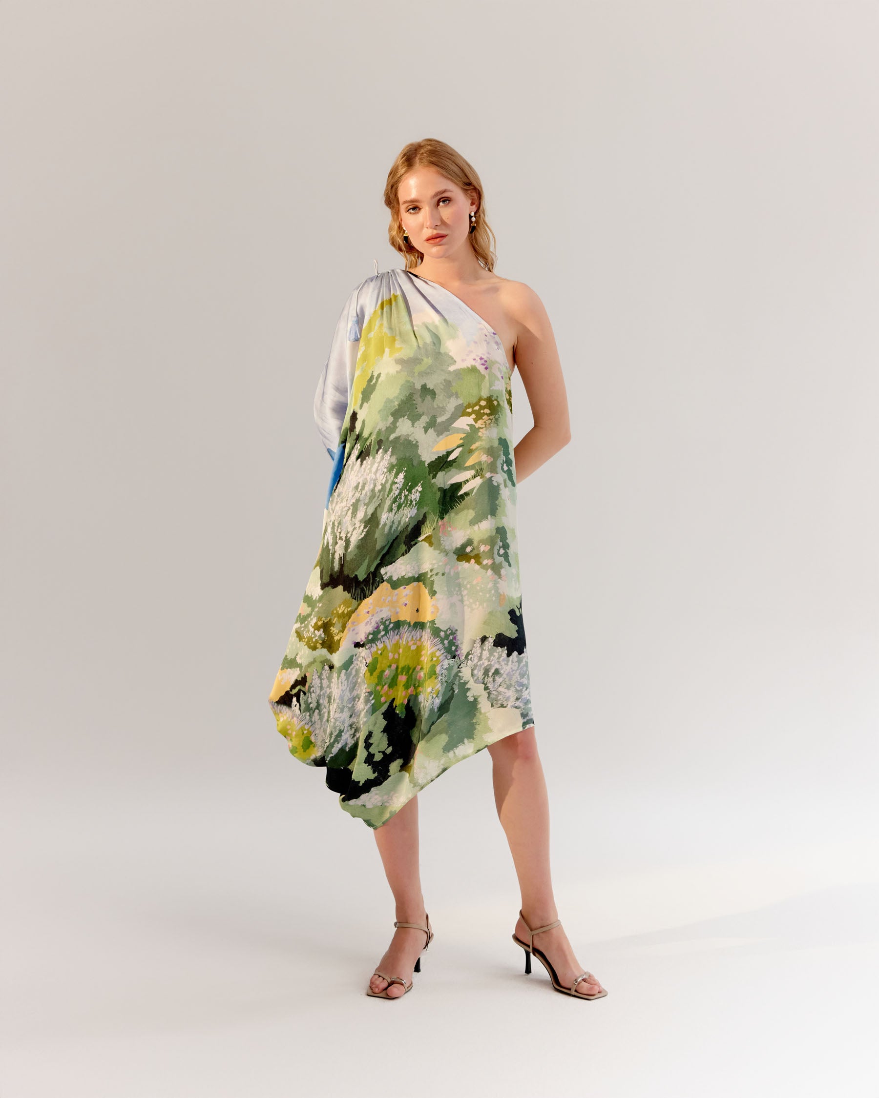 Forest Print Alaya One-Shoulder Midi Dress - NOIB