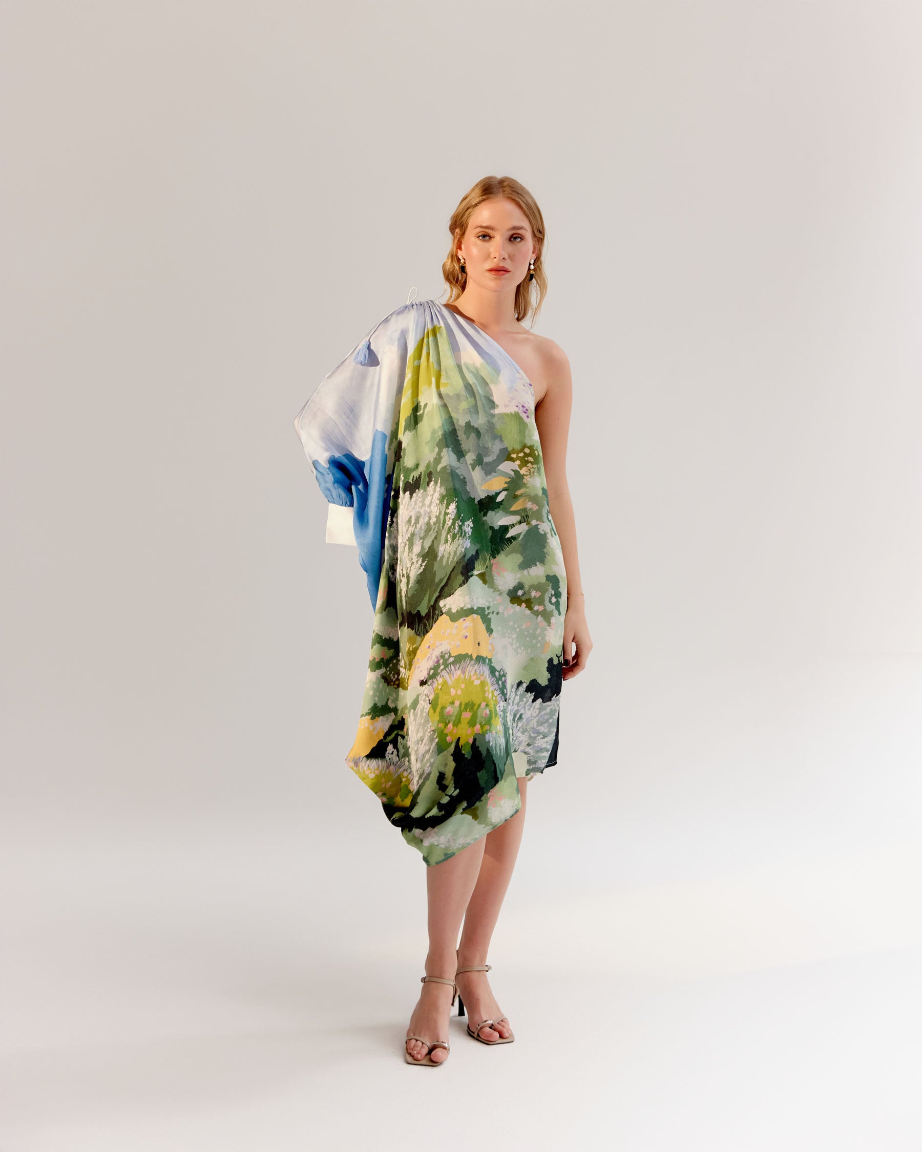 Forest Print Alaya One-Shoulder Midi Dress - NOIB