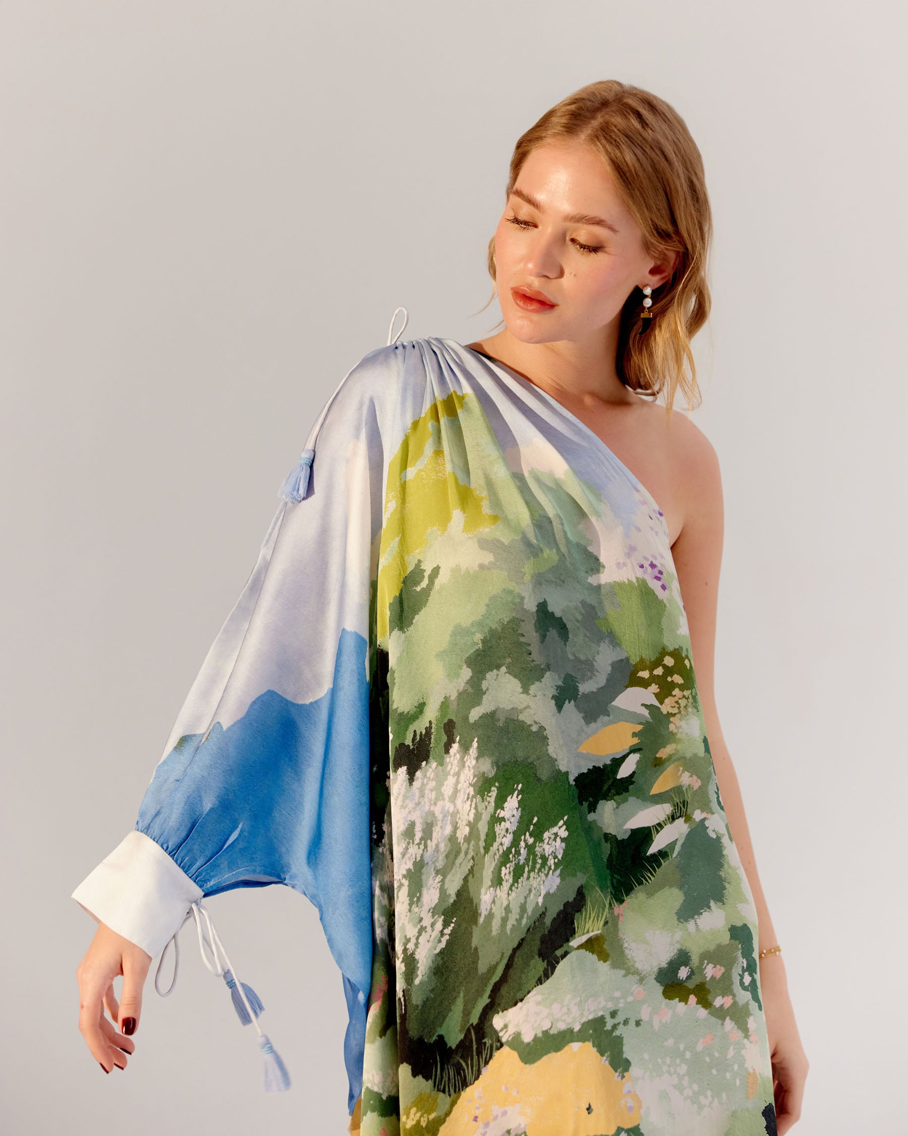Forest Print Alaya One-Shoulder Midi Dress - NOIB