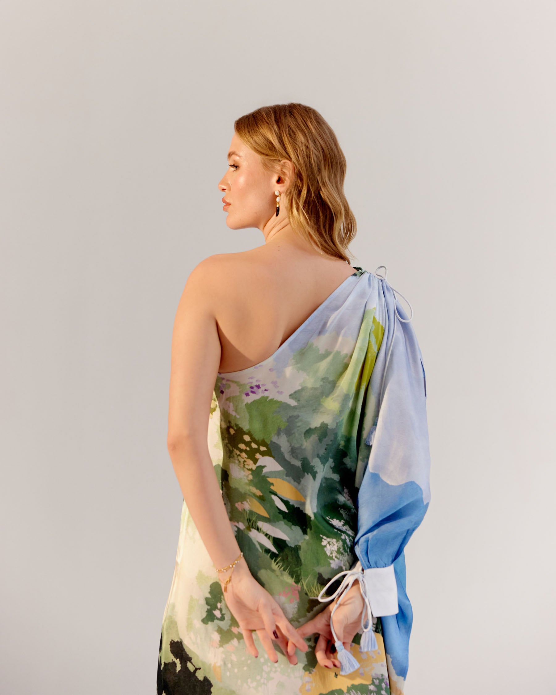 Forest Print Alaya One-Shoulder Midi Dress - NOIB