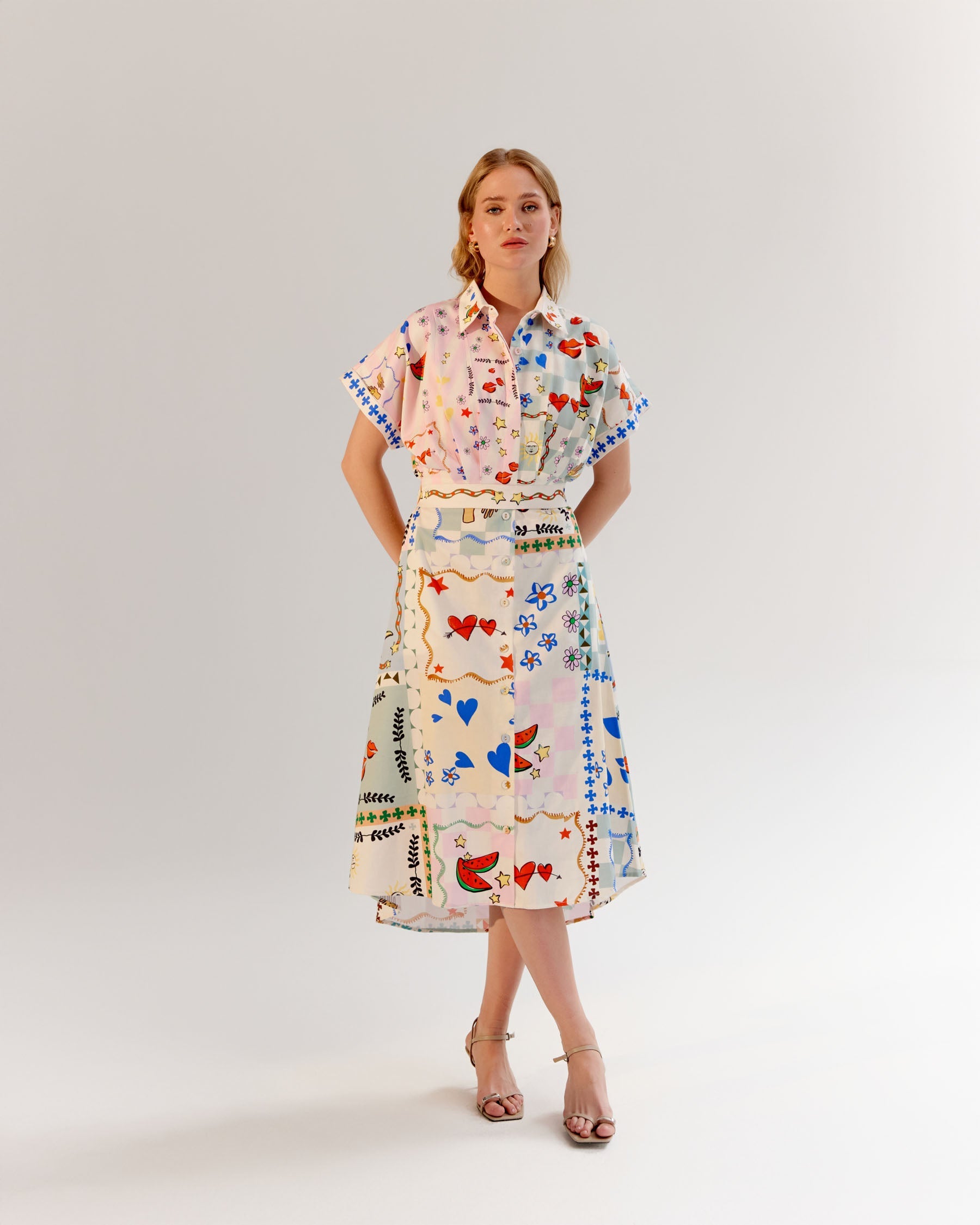 Boardgame Print Coral Midi Dress - NOIB