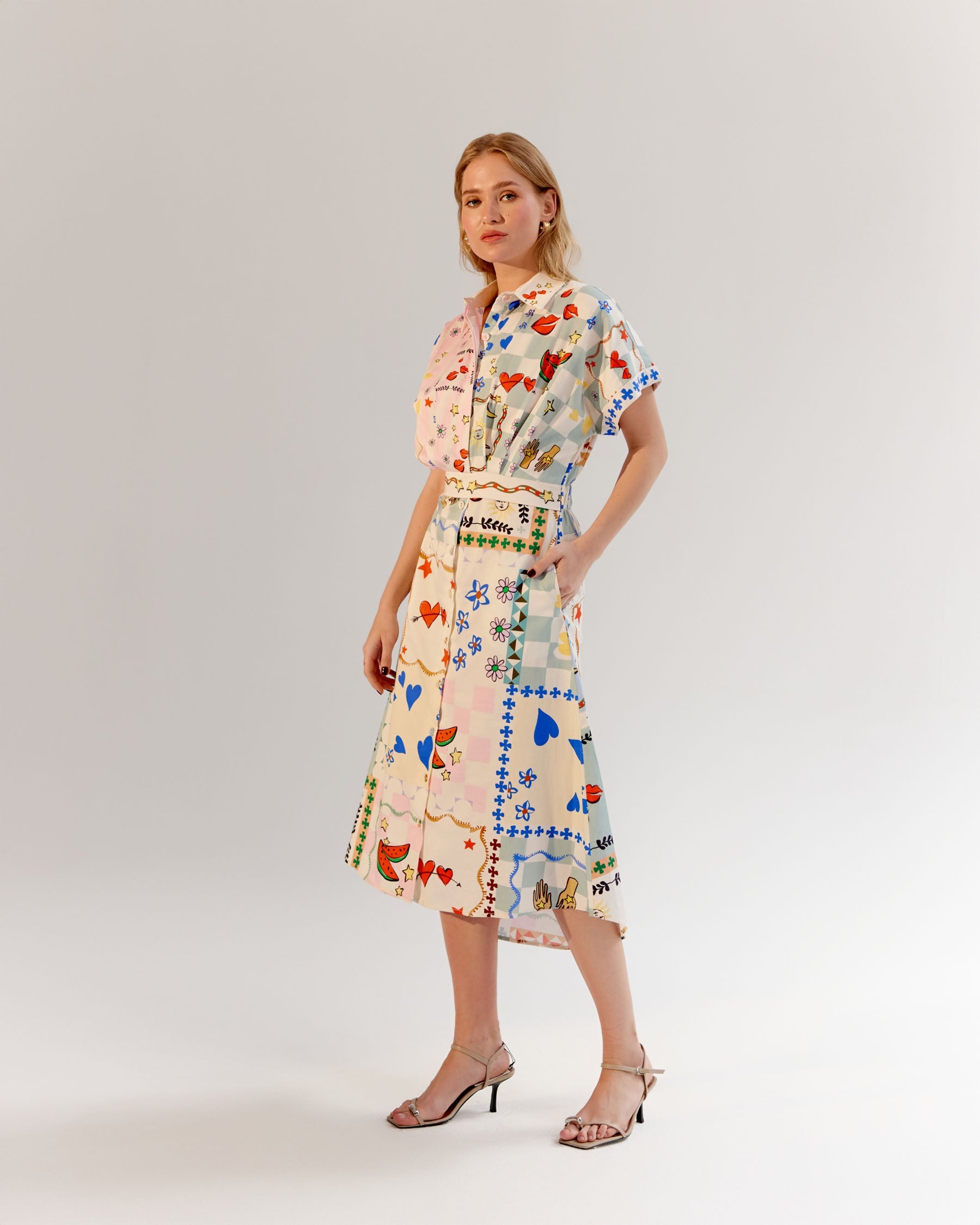 Boardgame Print Coral Midi Dress - NOIB