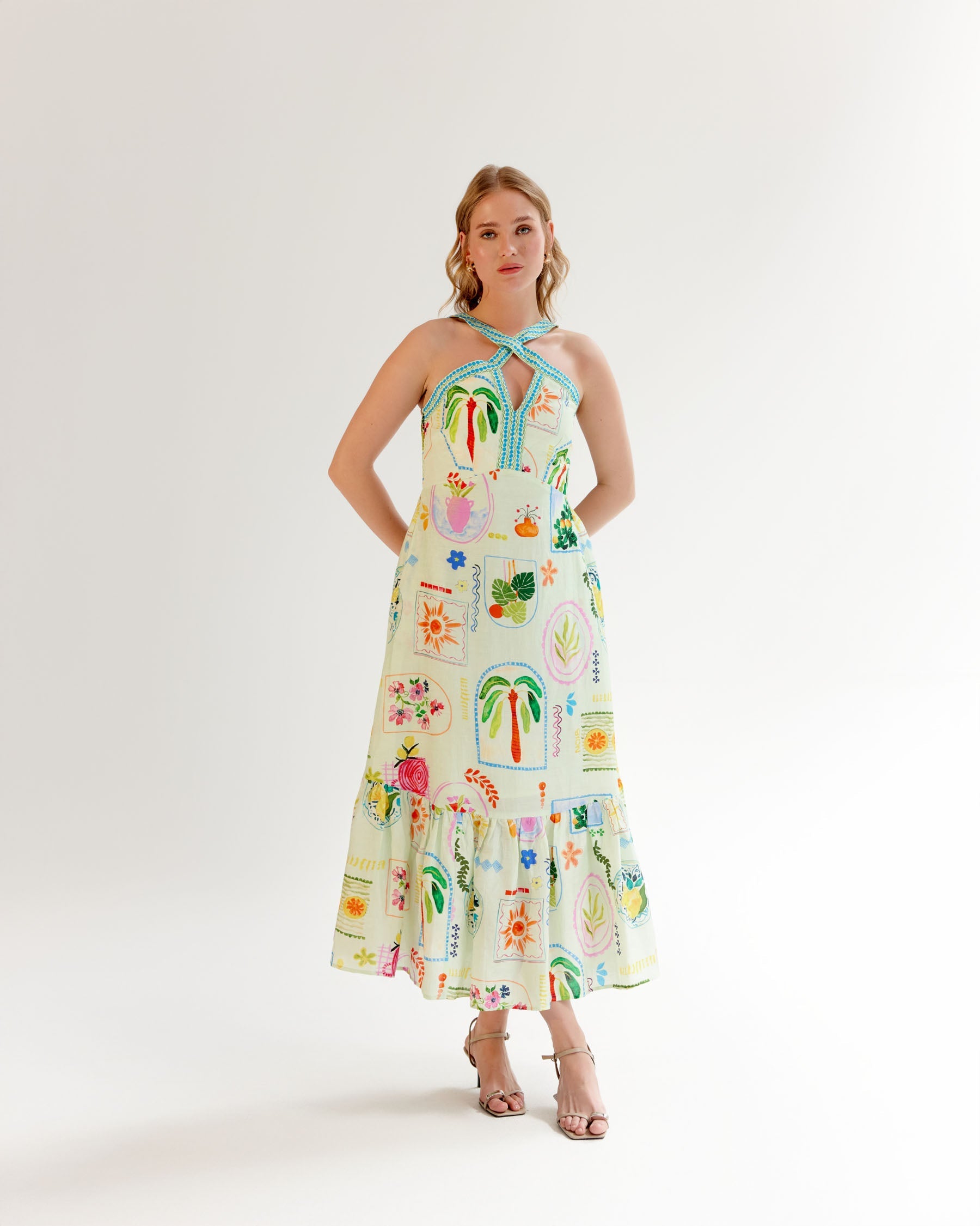 Postcard Print Aida Halter-Neck Maxi Dress - NOIB