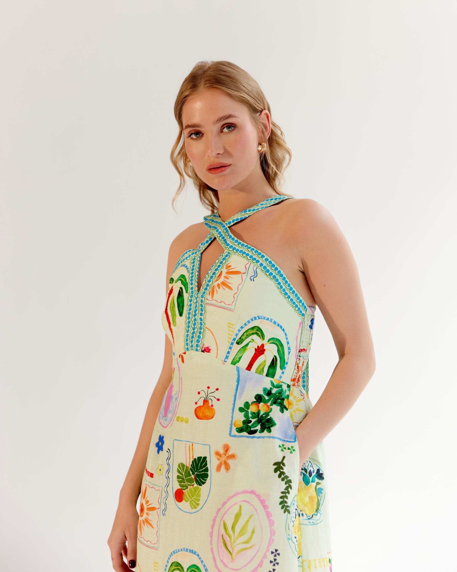 Postcard Print Aida Halter-Neck Maxi Dress - NOIB