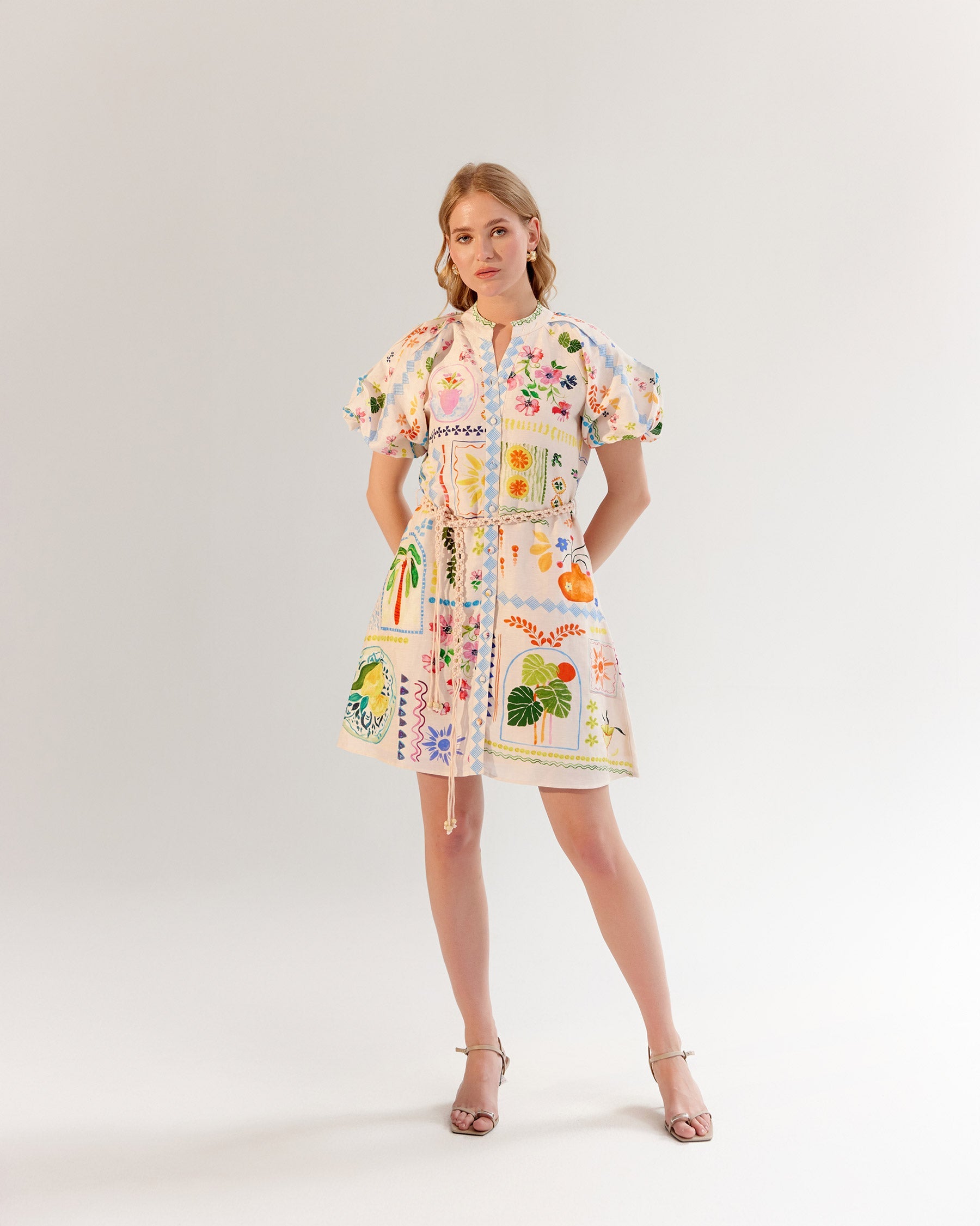 Postcard Print Linen Florence Mini Dress - NOIB