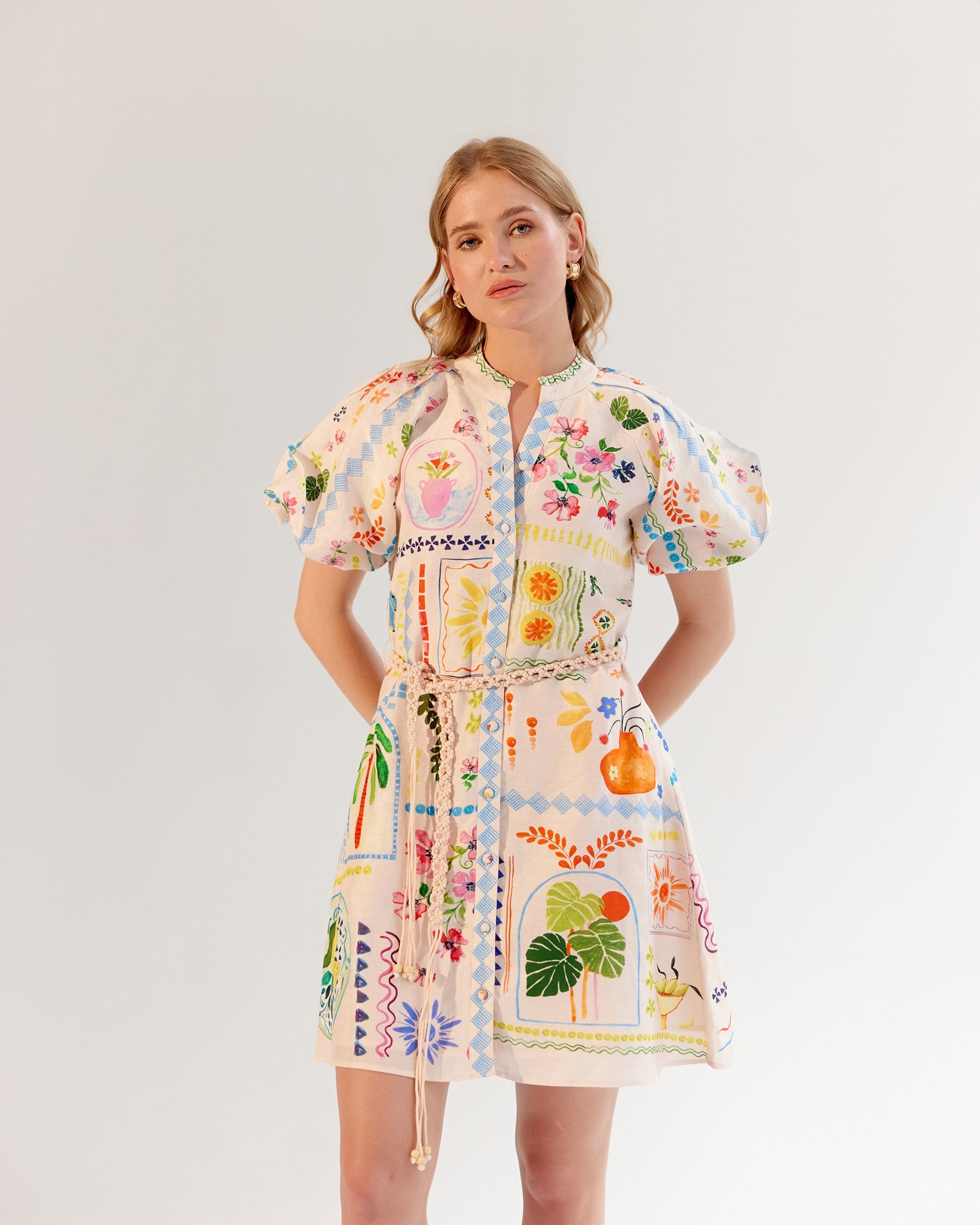 Postcard Print Linen Florence Mini Dress - NOIB