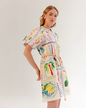 Postcard Print Linen Florence Mini Dress - NOIB