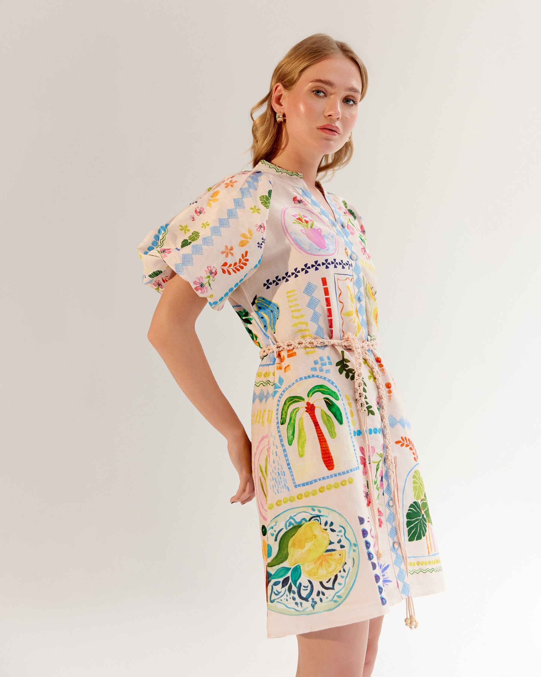 Postcard Print Linen Florence Mini Dress - NOIB