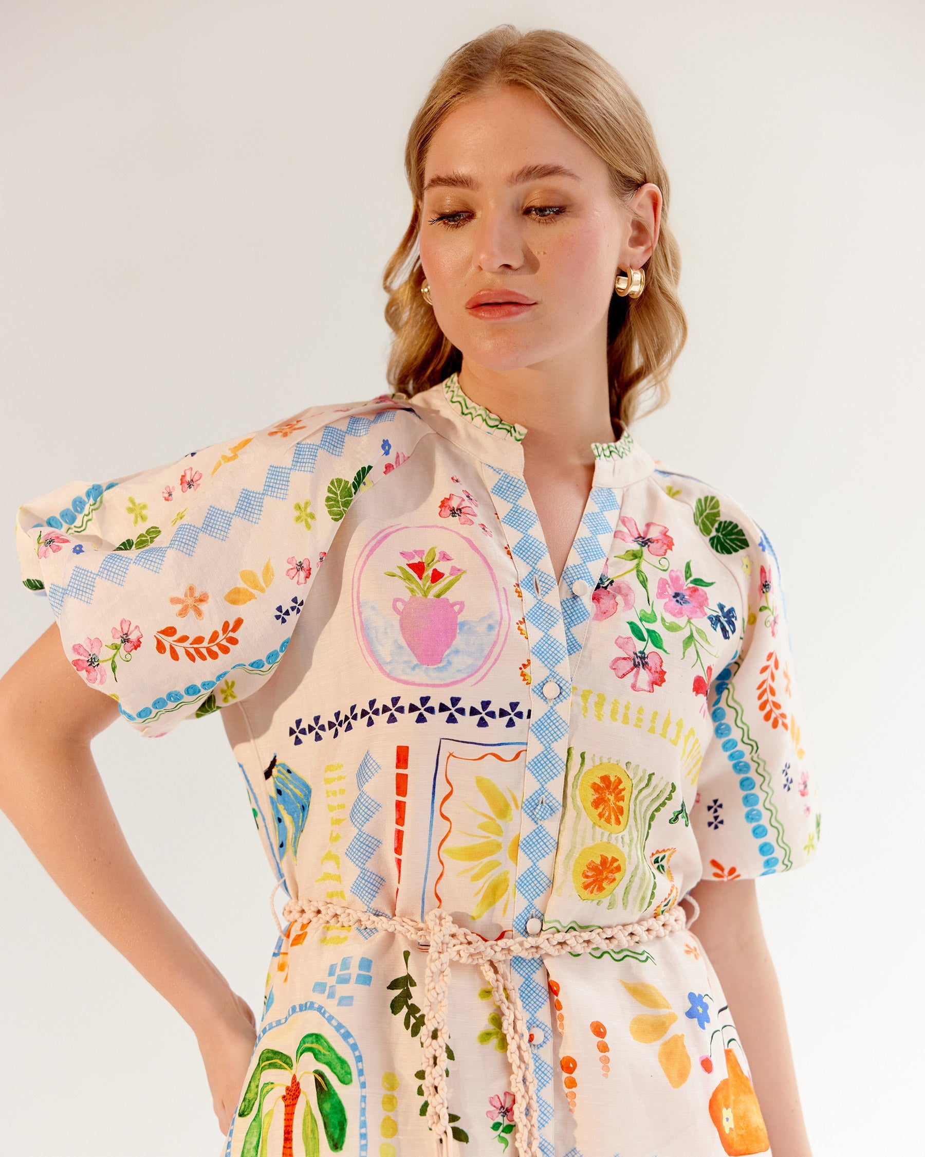 Postcard Print Linen Florence Mini Dress - NOIB