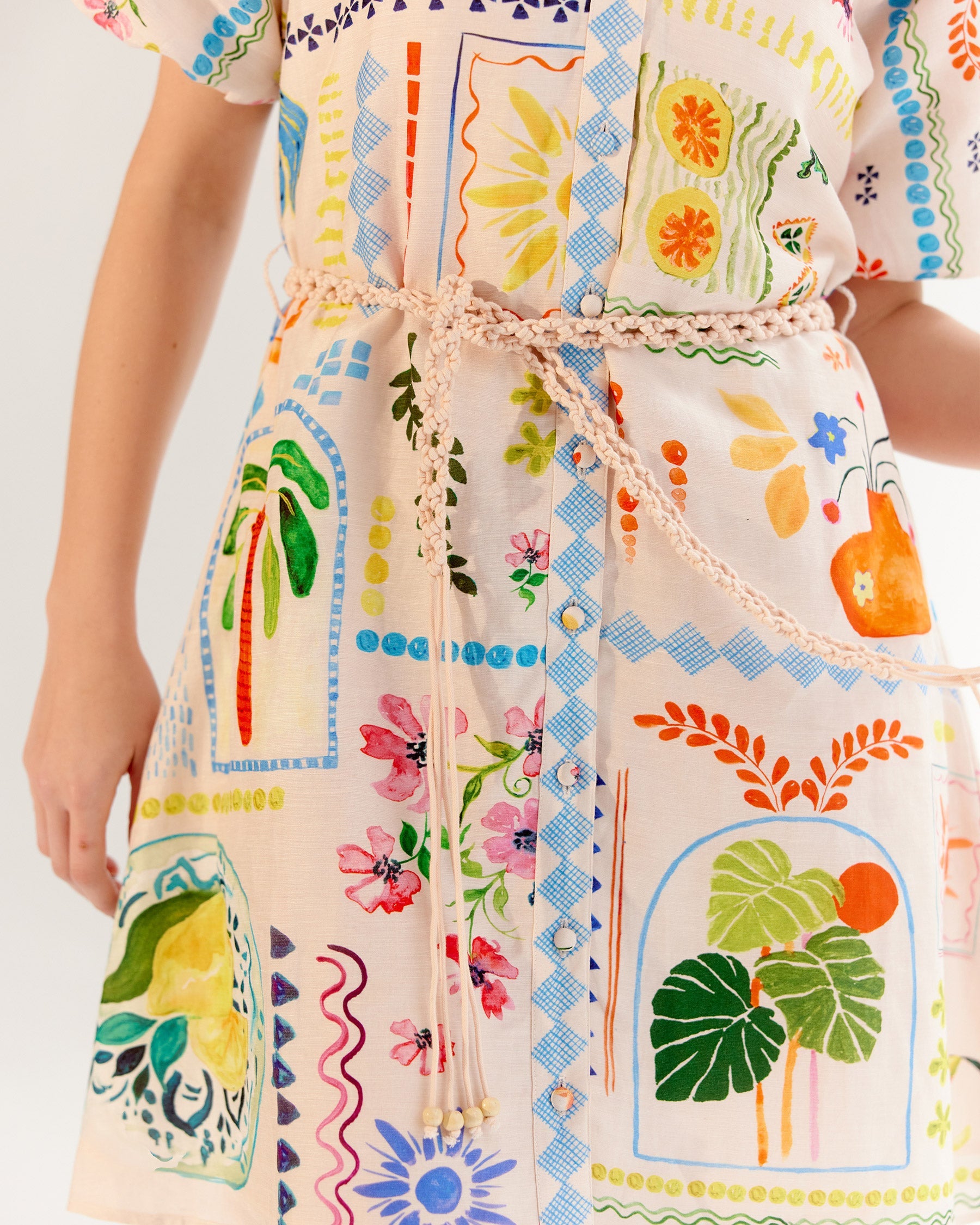 Postcard Print Linen Florence Mini Dress - NOIB
