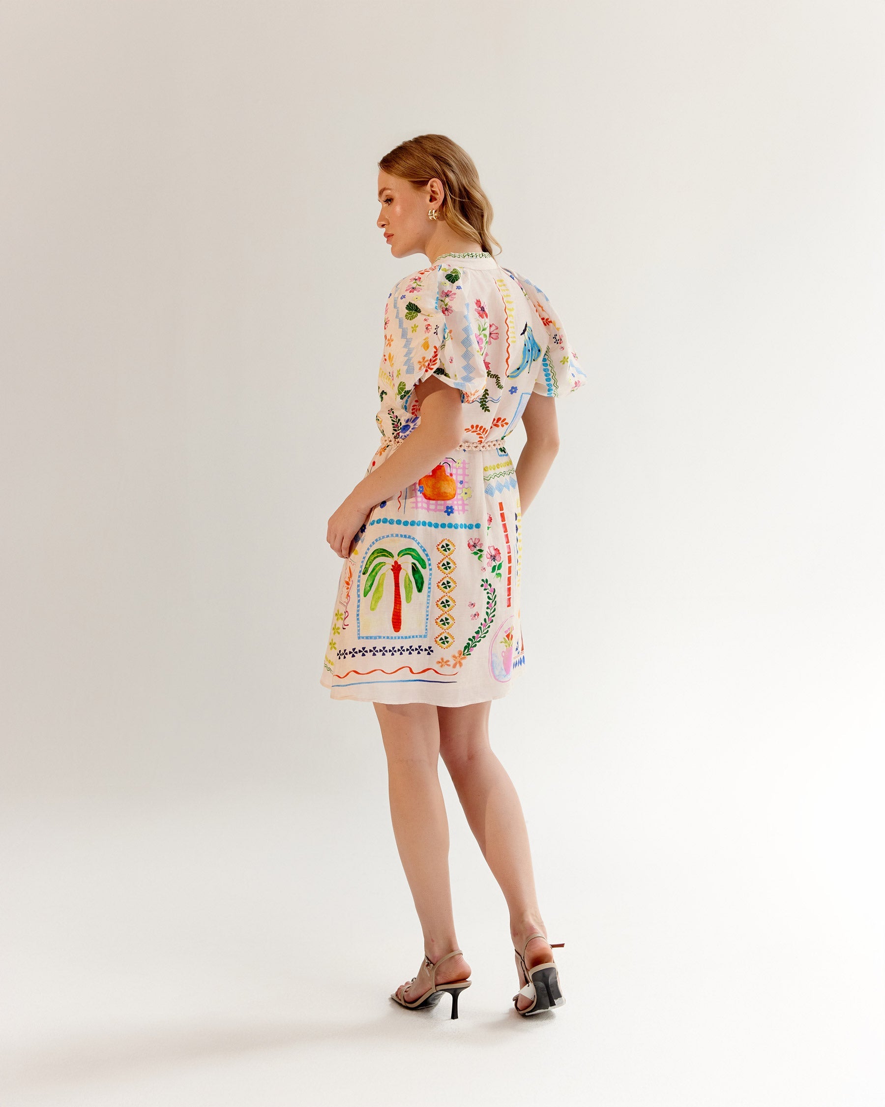 Postcard Print Linen Florence Mini Dress - NOIB
