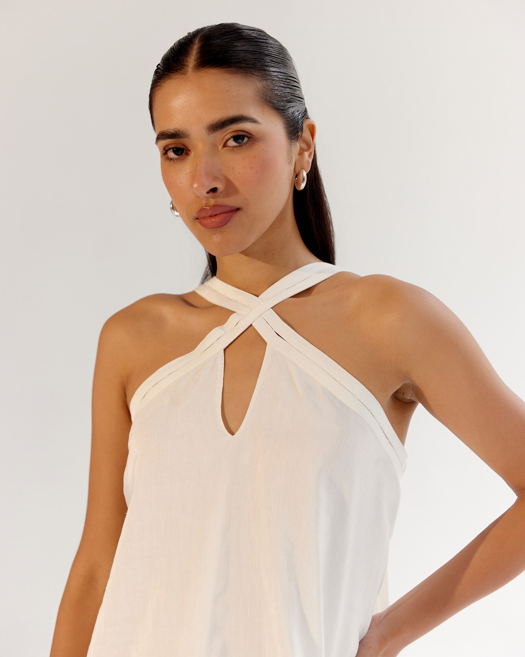 White Aida Halter Neck Linen Mini Dress - NOIB