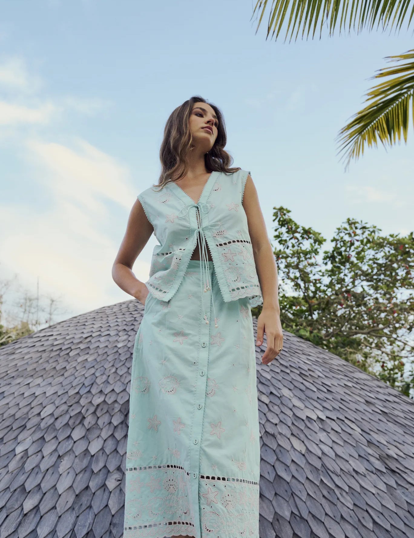 Aqua Print Giza Cotton Kaia Button-down Skirt - NOIB