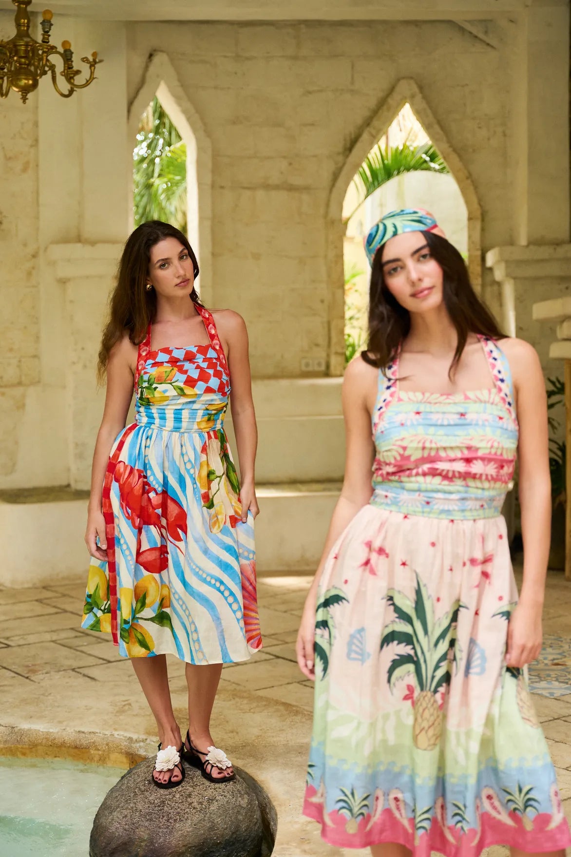Ananas Print Hazel Halter-Neck Linen Midi Dress - NOIB