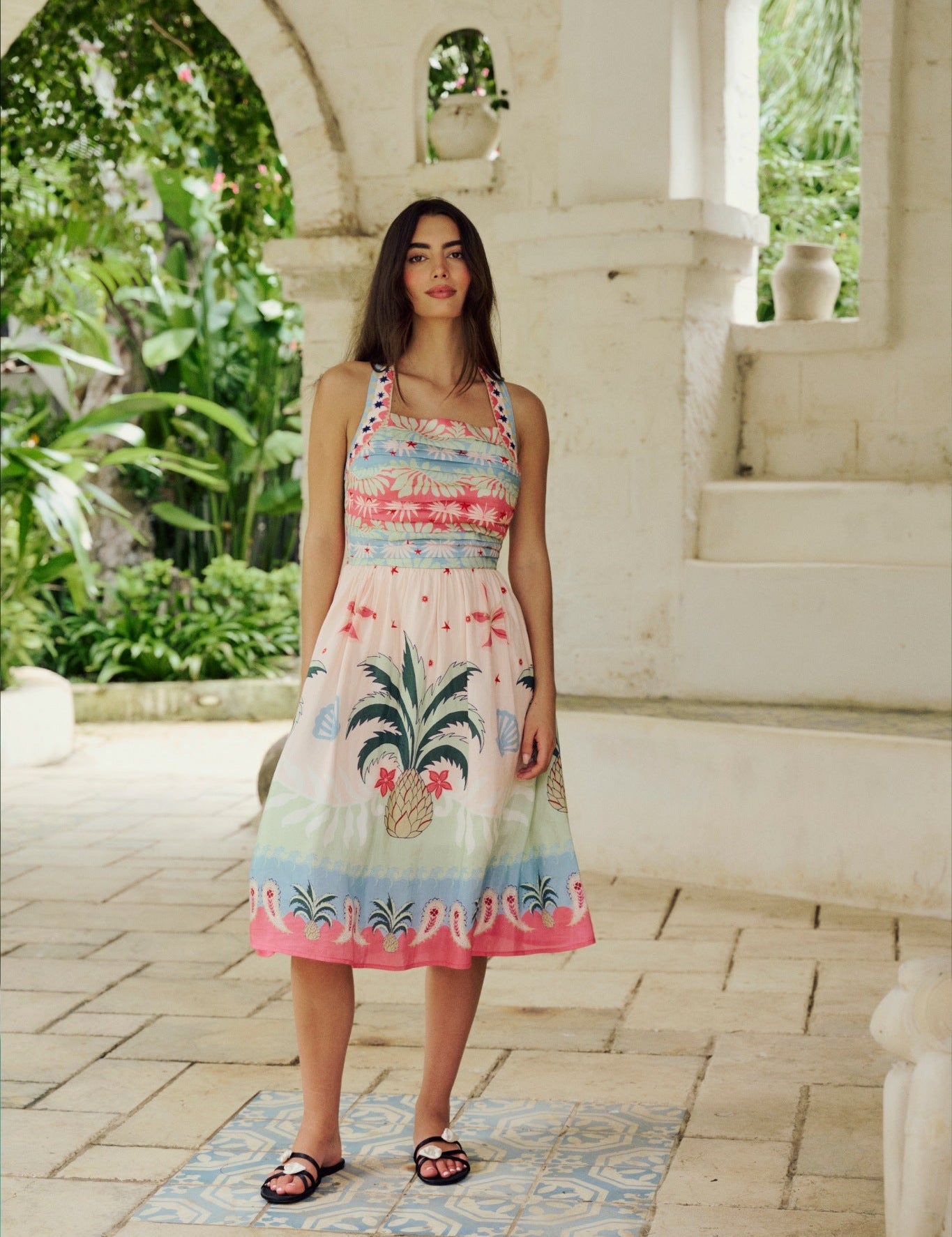 Ananas Print Hazel Halter-Neck Linen Midi Dress - NOIB