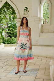 Ananas Print Hazel Halter-Neck Linen Midi Dress - NOIB