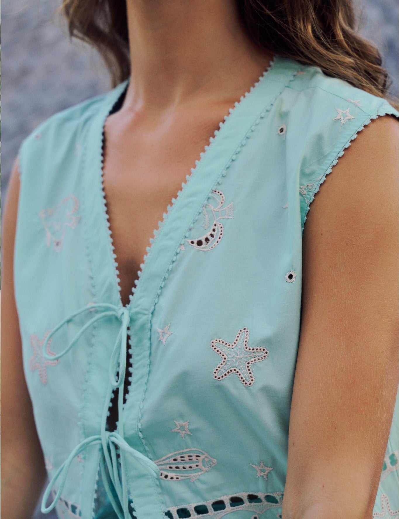 Aqua Embroidered Giza Cotton Kaia Sleeveless  Top - NOIB