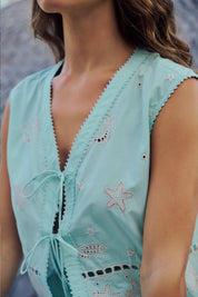 Aqua Embroidered Giza Cotton Kaia Sleeveless  Top - NOIB