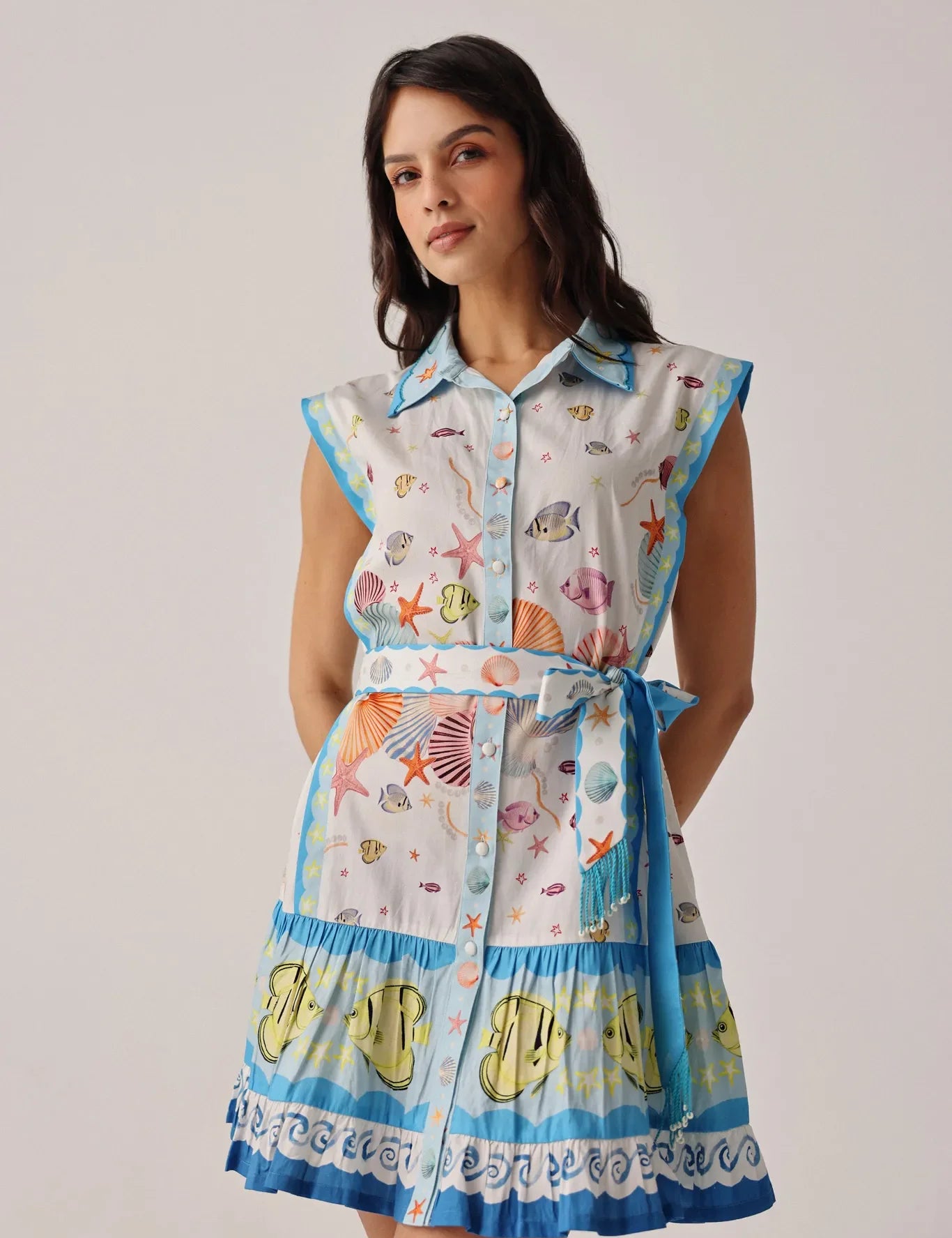 Seaborn Print Vega Sleeveless Mini Shirt Dress - NOIB