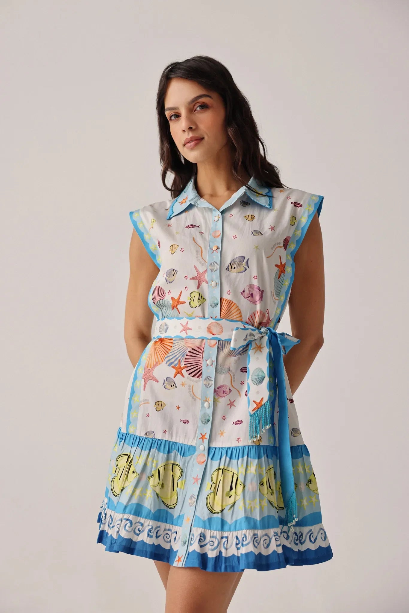 Seaborn Print Vega Sleeveless Mini Shirt Dress - NOIB