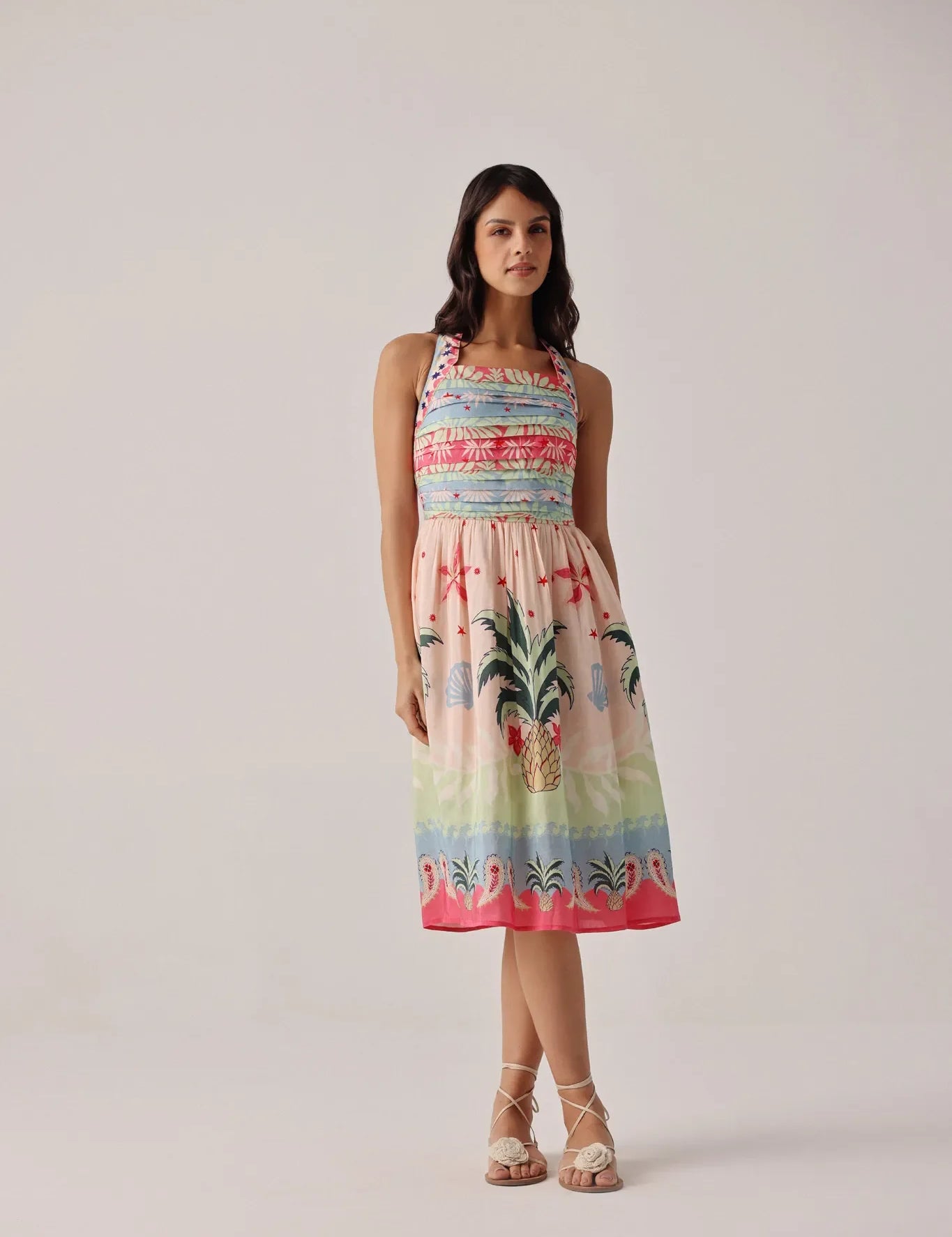 Ananas Print Hazel Halter-Neck Linen Midi Dress - NOIB