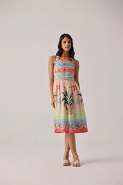 Ananas Print Hazel Halter-Neck Linen Midi Dress - NOIB