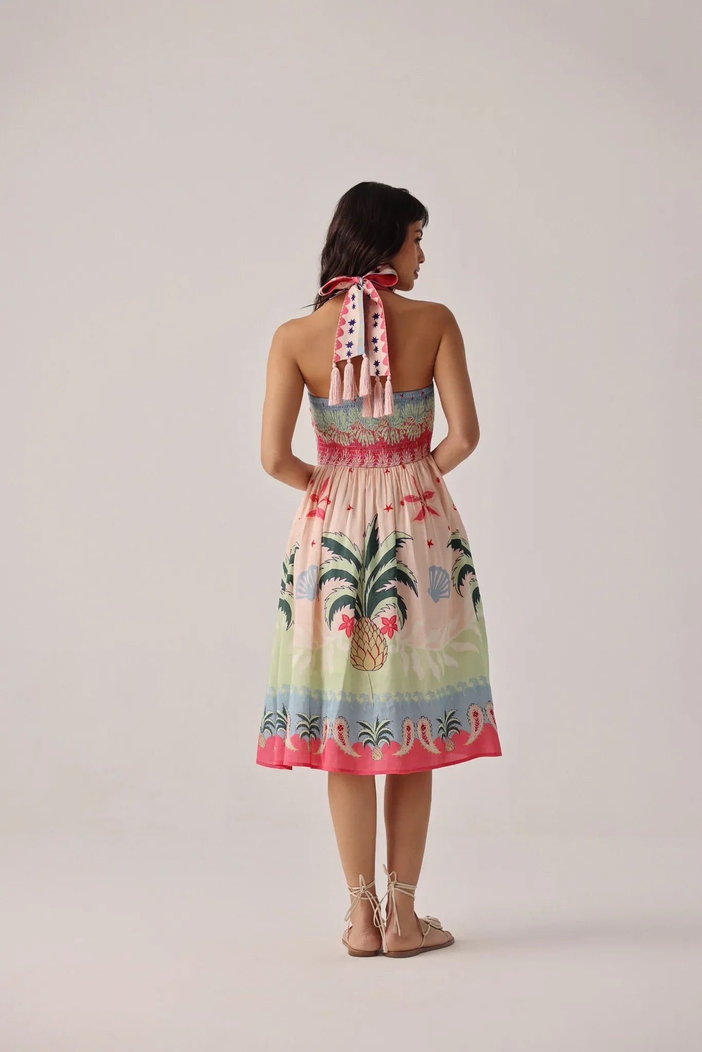Ananas Print Hazel Halter-Neck Linen Midi Dress - NOIB