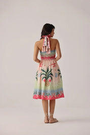 Ananas Print Hazel Halter-Neck Linen Midi Dress - NOIB