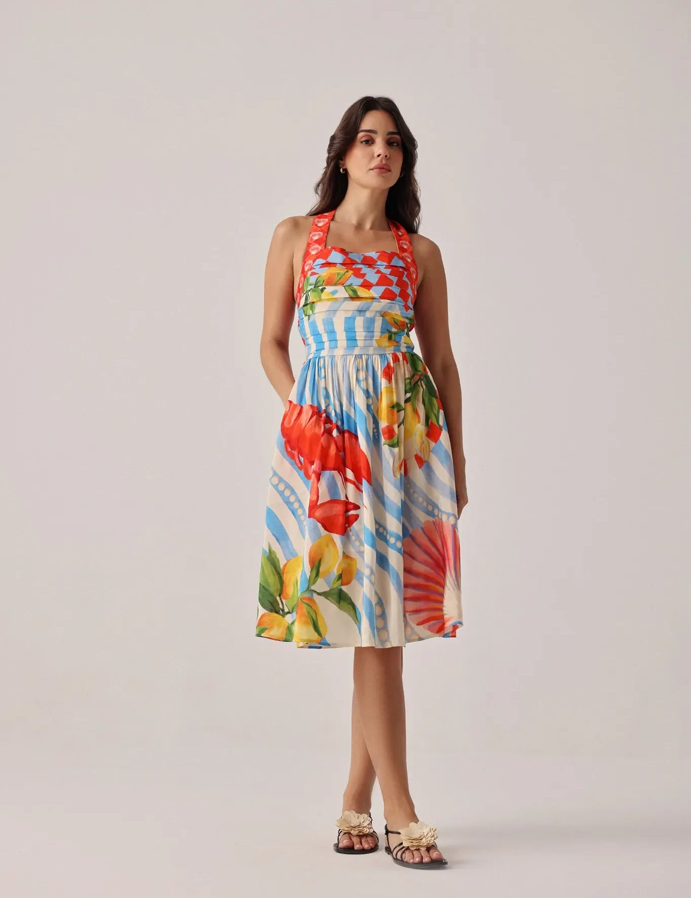 Summer Zest Print Hazel Halter-Neck Linen Midi Dress - NOIB