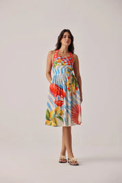 Summer Zest Print Hazel Halter-Neck Linen Midi Dress - NOIB