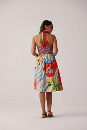 Summer Zest Print Hazel Halter-Neck Linen Midi Dress - NOIB