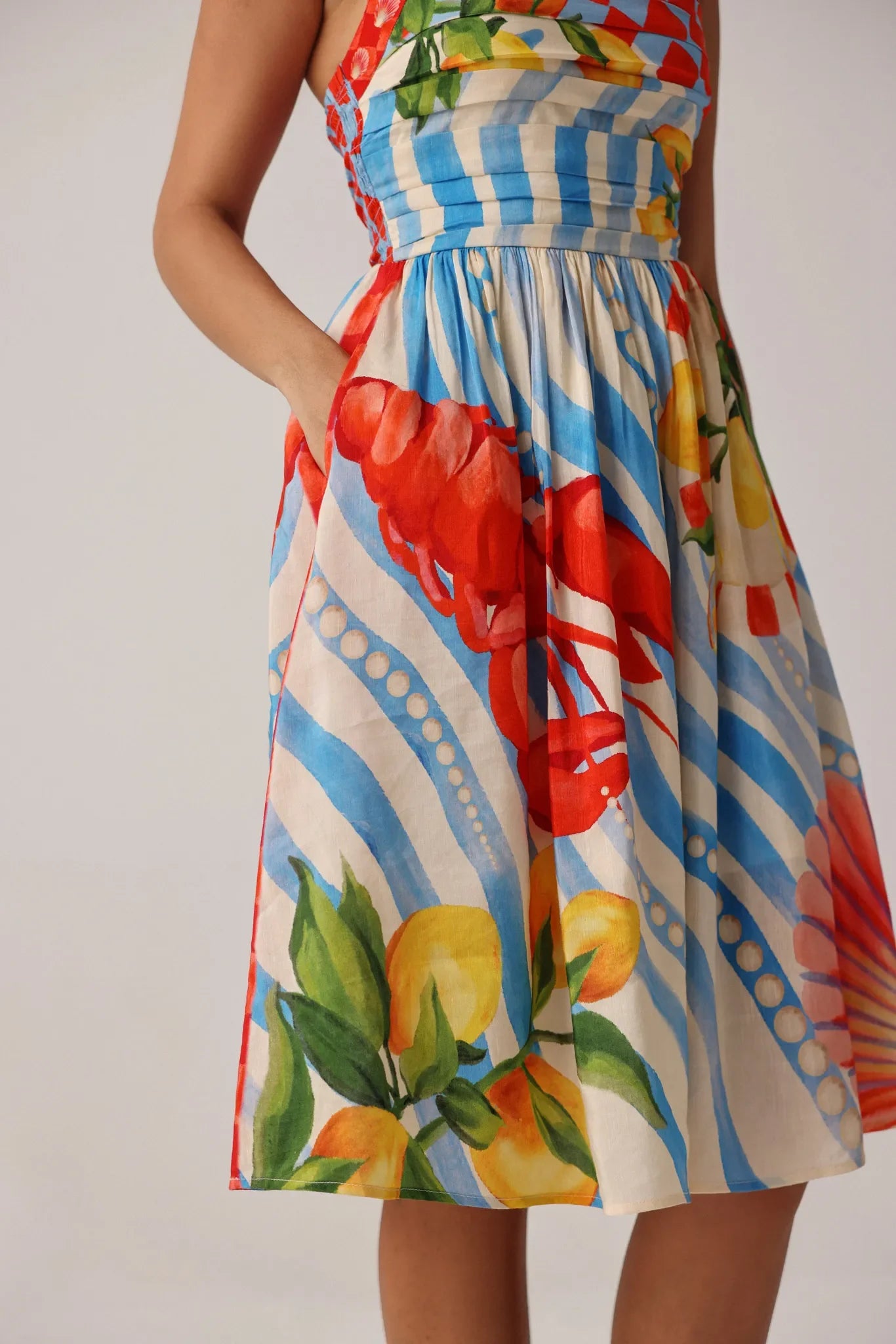 Summer Zest Print Hazel Halter-Neck Linen Midi Dress - NOIB