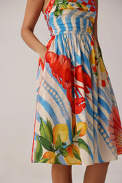 Summer Zest Print Hazel Halter-Neck Linen Midi Dress - NOIB