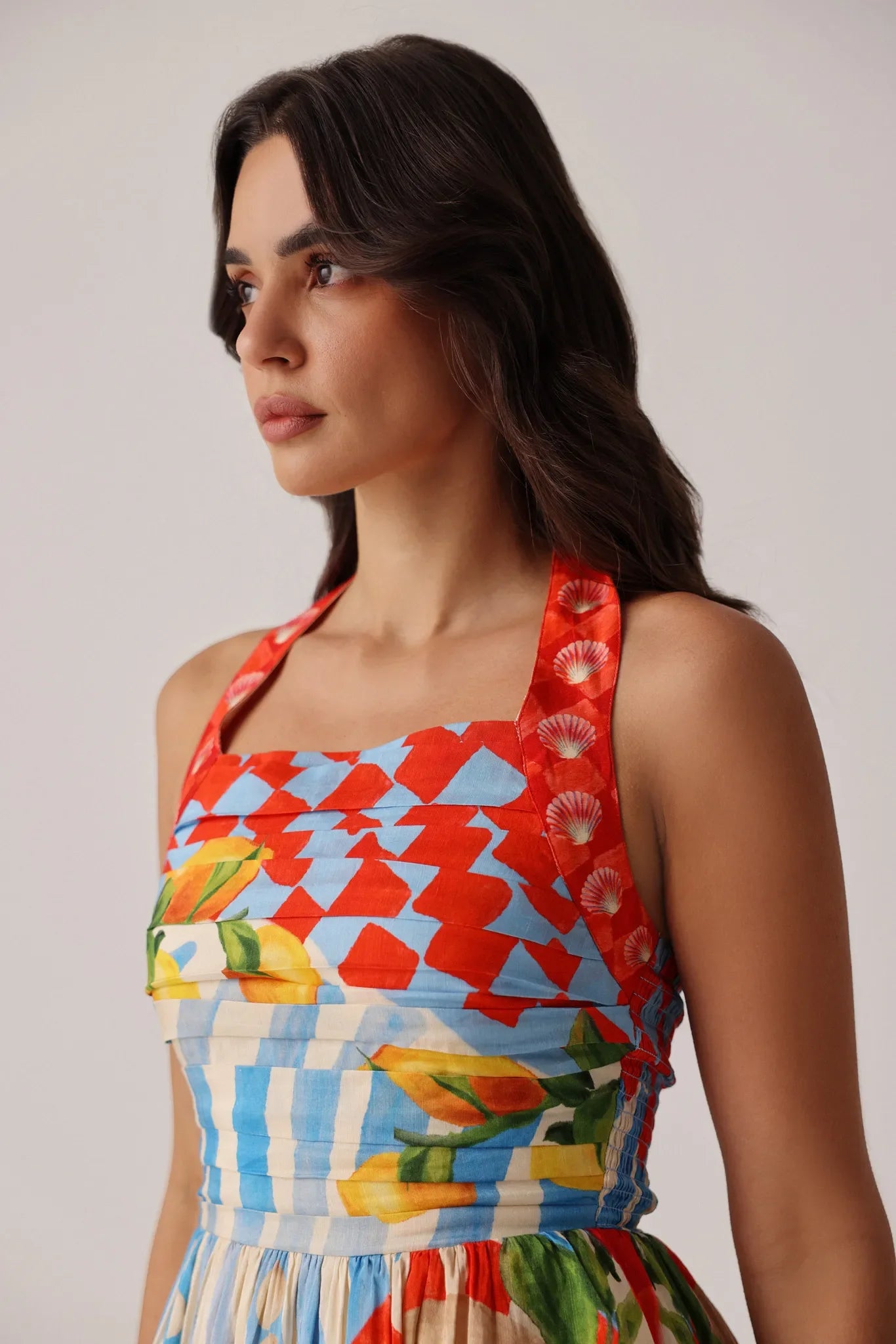Summer Zest Print Hazel Halter-Neck Linen Midi Dress - NOIB