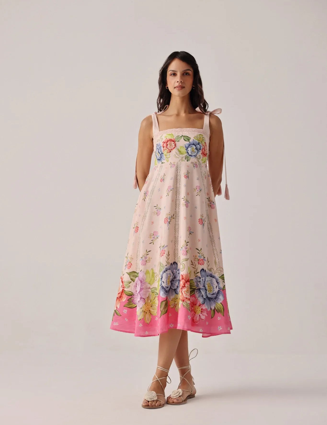 Bloom Floral Print Nora Sleeveless Linen Midi Dress - NOIB
