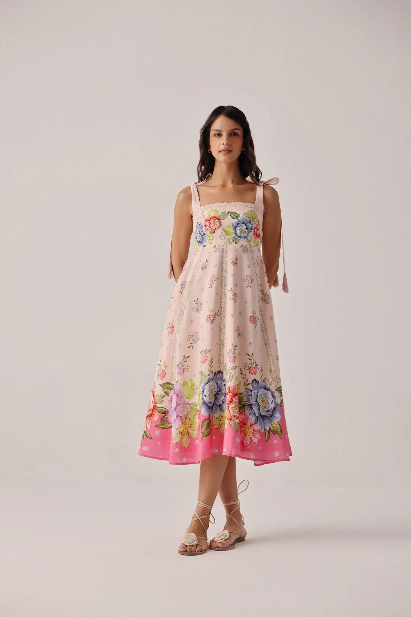 Bloom Floral Print Nora Sleeveless Linen Midi Dress - NOIB