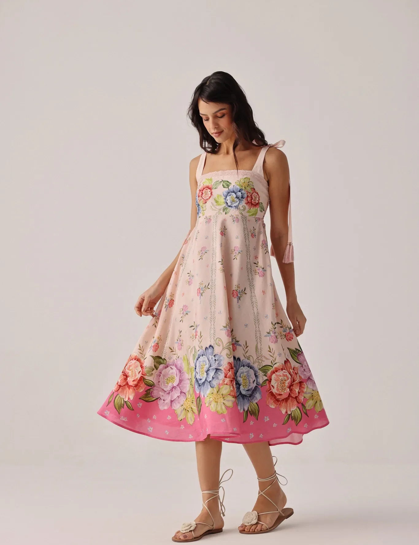 Bloom Floral Print Nora Sleeveless Linen Midi Dress - NOIB