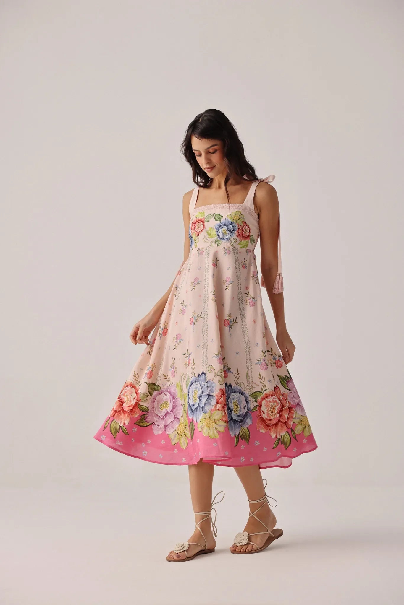 Bloom Floral Print Nora Sleeveless Linen Midi Dress - NOIB