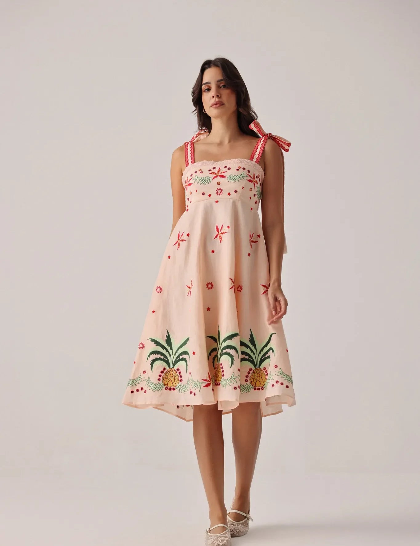 Peach Print Nora Sleeveless Linen Midi Dress - NOIB