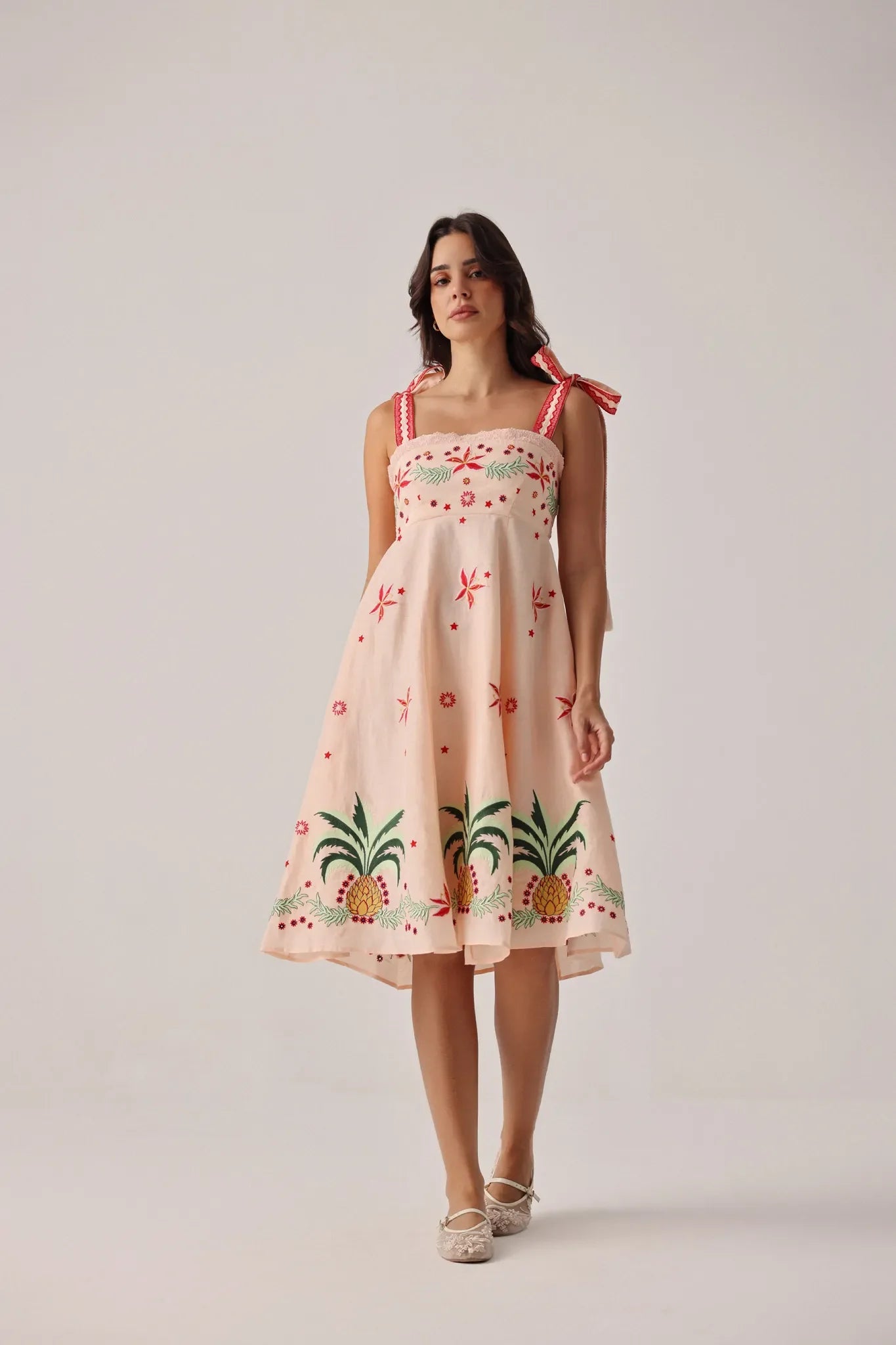 Peach Print Nora Sleeveless Linen Midi Dress - NOIB