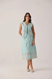 Aqua Print Giza Cotton Kaia Button-down Skirt - NOIB