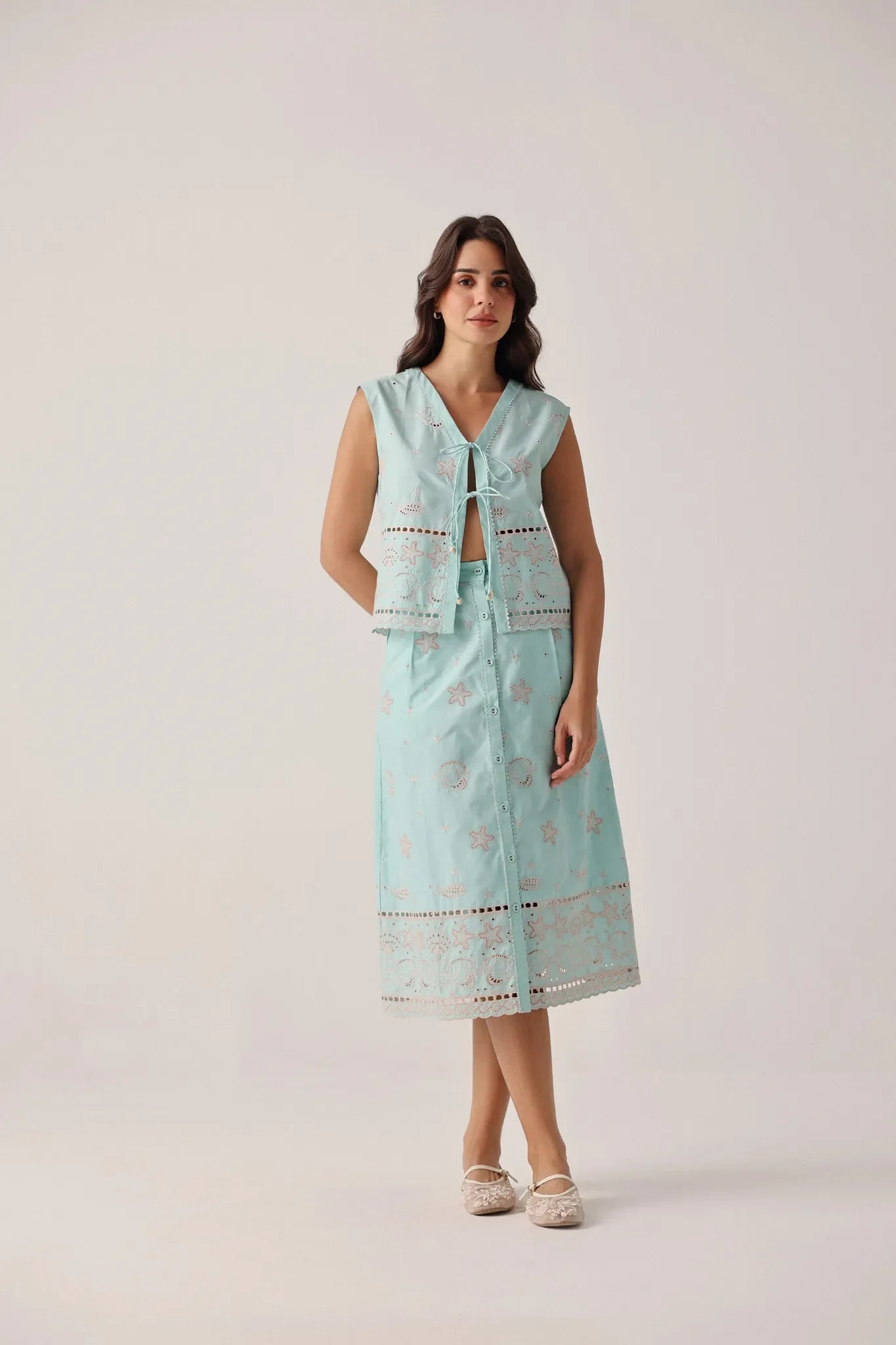 Aqua Print Giza Cotton Kaia Button-down Skirt - NOIB