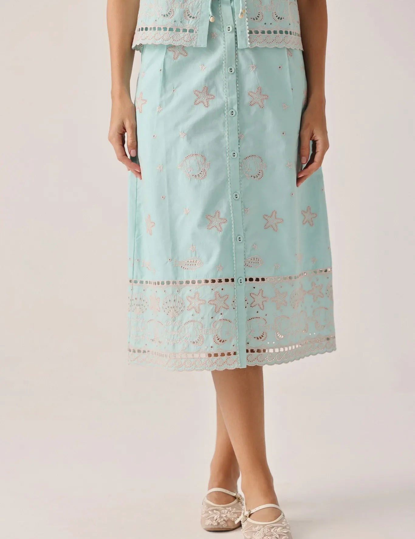 Aqua Print Giza Cotton Kaia Button-down Skirt - NOIB