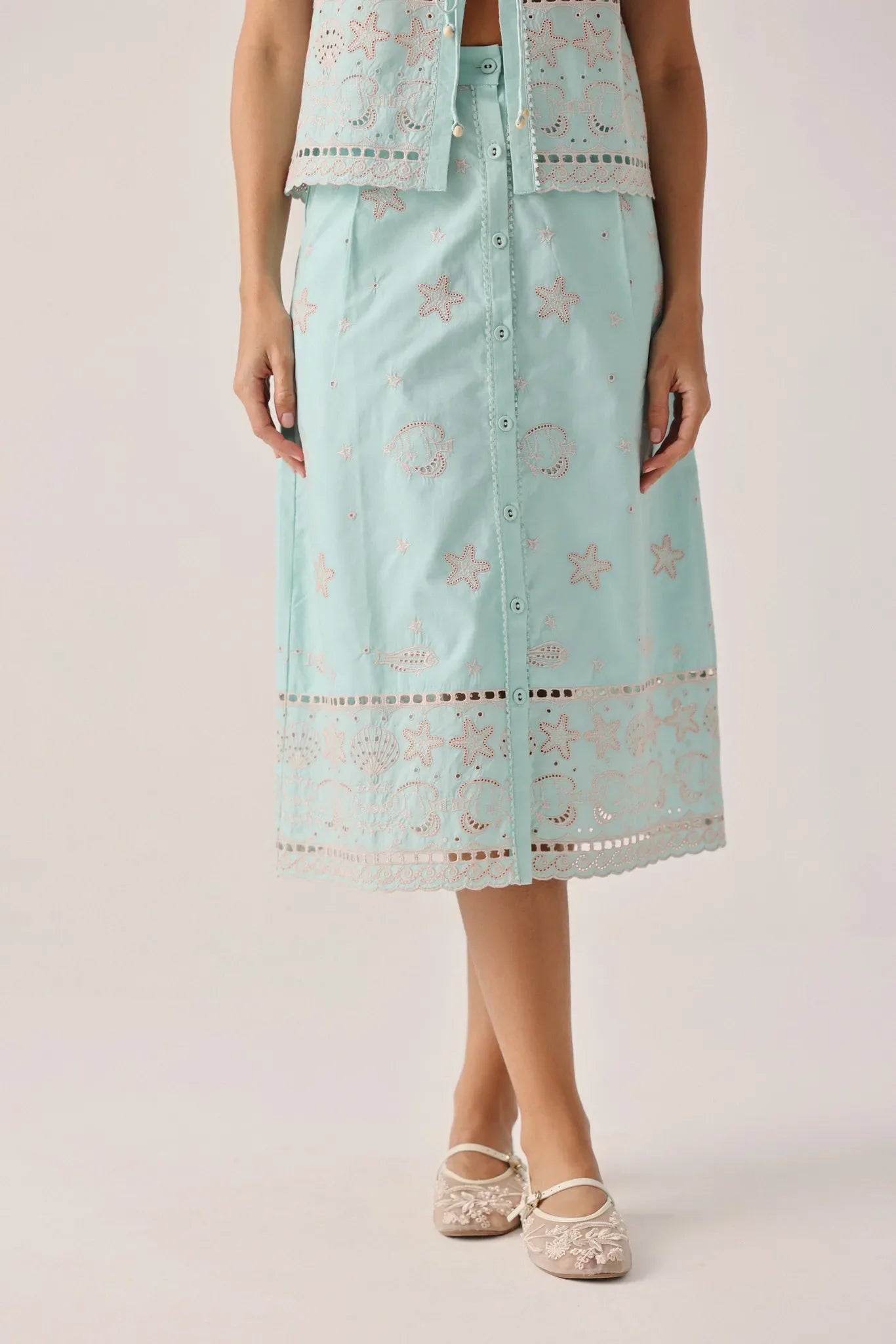 Aqua Print Giza Cotton Kaia Button-down Skirt - NOIB