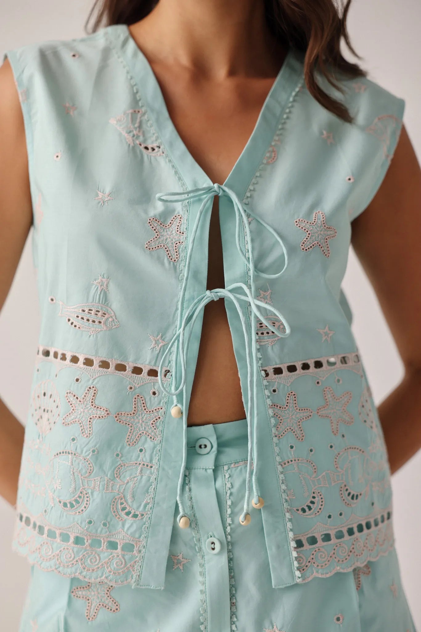 Aqua Embroidered Giza Cotton Kaia Sleeveless  Top - NOIB