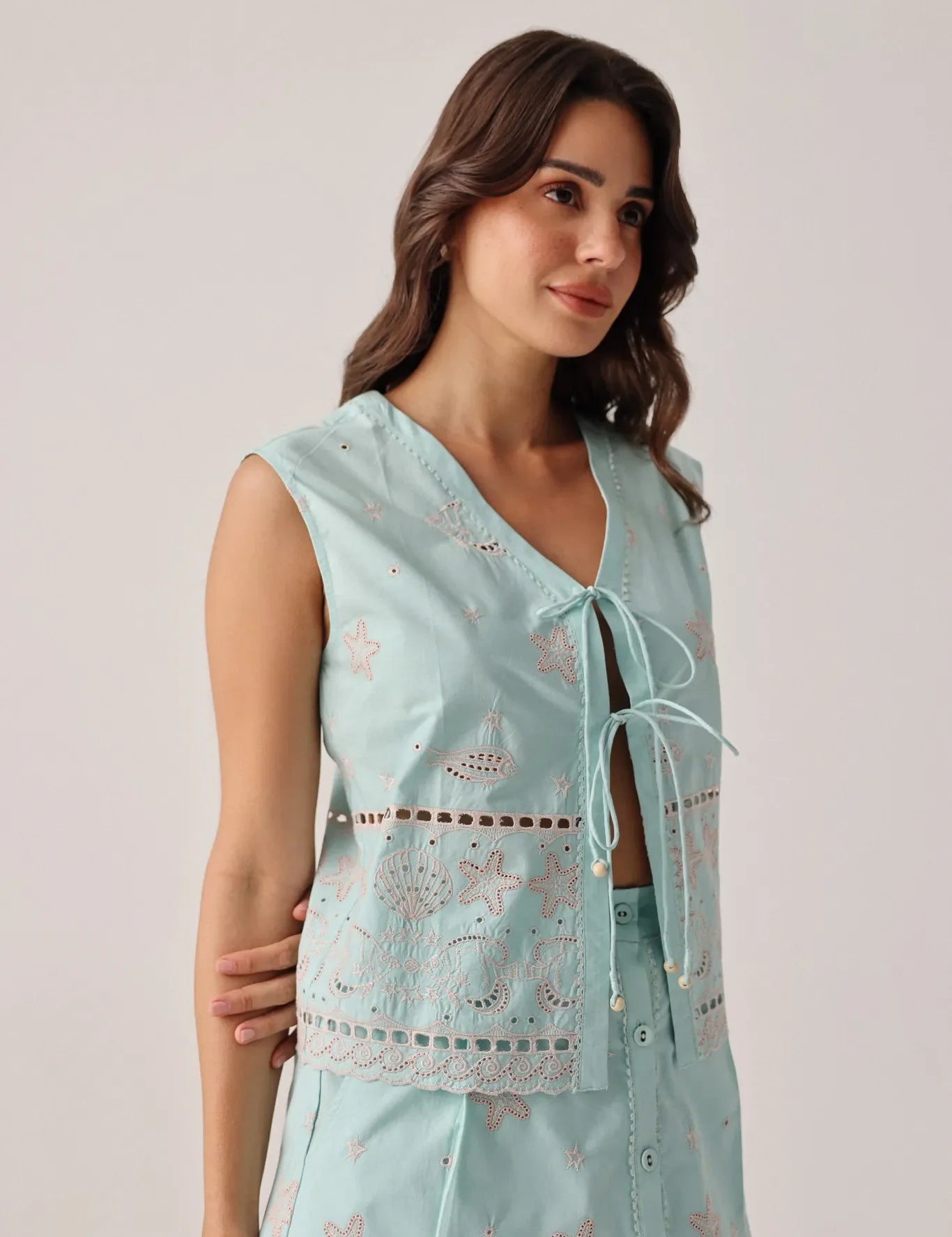 Aqua Embroidered Giza Cotton Kaia Sleeveless  Top - NOIB