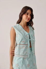 Aqua Embroidered Giza Cotton Kaia Sleeveless  Top - NOIB