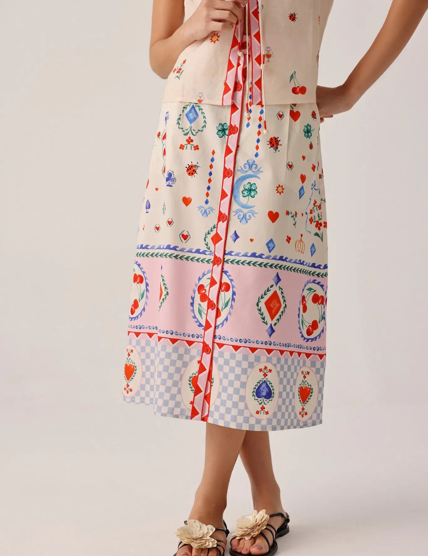 Tarot Print Cotton Satin Kaia Button-down Skirt - NOIB
